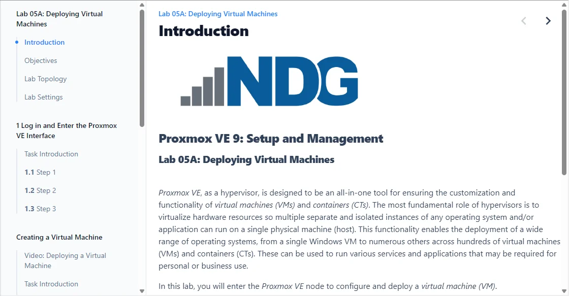 A Proxmox VE lab guide open in the browser, with numbered tasks and steps beside the lab introduction